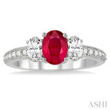 7x5 MM Oval Shape Ruby and 3/4 Ctw Round Cut Diamond Precious Ring in 14K White Gold