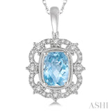 8x6 MM Cushion Shape Aquamarine and 1/5 Ctw Round Cut Diamond Semi-Precious Pendant With Chain in 10K White Gold