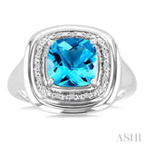 8 MM Cushion Shape Blue Topaz and 1/20 Ctw Round Cut Diamond Semi-Precious Ring in Sterling Silver