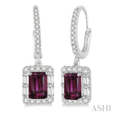 6x4 MM Emerald Cut Rhodolite Garnet and 5/8 Ctw Diamond Semi-Precious Earrings in 14K White Gold