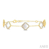 8 MM Mother of Pearl and 1/2 Ctw Round Cut Diamond Clover Halo Station Bracelet in 14K Yellow Gold