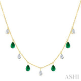 6X4 MM Pear Shape Emerald and 1 Ctw Pear Cut Diamond Precious Station Necklace in 14K Yellow Gold