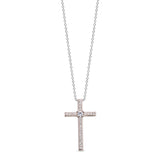 Platinum finish sterling silver micropave thin cross pendant with 65 simulated diamonds on 18 cable chain