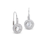 Platinum finish sterling silver micropave round lever back earrings with 27 simulated diamonds