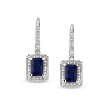 Platinum finish sterling silver micropave emerald cut synthetic blue sapphire earrings with simulated diamonds