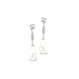 Platinum finish sterling silver micropave pearl drop earrings with simulated daimonds