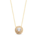 Gold finish sterling silver micropave round pendant with 28 simulated diamonds on 18 cable chain