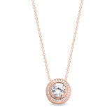 Rose gold finish sterling silver micropave round pendant with 28 simulated diamonds on 18 cable chain