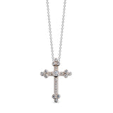 Platinum finish sterling silver micropave cross pendant with simulated diamonds on 18 cable chain