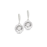 Platinum finish sterling silver micropave dancing stone round drop earrings with simulated diamonds