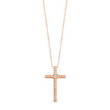 Rose gold finish sterling silver micropave thin cross pendant with 65 simulated diamonds on 18 cable chain
