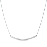 Platinum finish sterling silver micropave curved bar necklace with 41 simulated diamonds on 16 - 18 adjustable cable chain