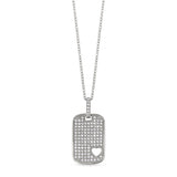 Platinum finish sterling micropave dog tag pendant with cut out heart and simulated diamonds on 16 to 18 adjustable cable ch