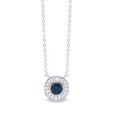 Platinum finish sterling silver micropave necklace with synthetic blue sapphire and simulated diamonds on 18 cable chain