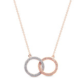 Rose gold and gold vermeil finish sterling micropave intertwined circles necklace with 16 to 18 adjustable cable chain