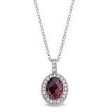 Platinum finish sterling silver micropave facet cut garnet colored pendant with simulated diamonds on 18 cable chain