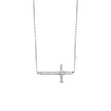 Platinum finish sterling silver micropave sideways cross necklace with simulated diamonds on 18 cable chain