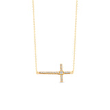 Gold finish sterling silver micropave sideways cross necklace with simulated diamonds on 18 cable chain