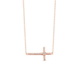 Rose gold finish sterling silver micropave sideways cross necklace with simulated diamonds on 18 cable chain