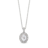 Platinum finish sterling silver micropave cabochon cut pearl pendant with simulated diamonds on 18 cable chain