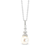 Platinum finish sterling silver micropave round pearl drop pendant with simulated diamonds on 18 cable chain