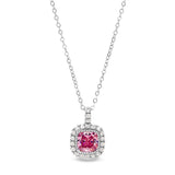 Platinum finish sterling silver micropave simulated pink sapphire pendant with simulated diamonds on 18 cable chain
