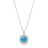 Platinum finish sterling silver micropave simulated blue zircon pendant with simulated diamonds on 18 cable chain