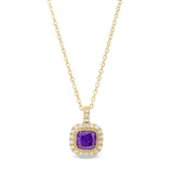 Gold finish sterling silver micropave simulated amethyst pendant with simulated diamonds on 18 cable chain