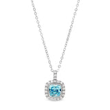 Platinum finish sterling silver micropave simulated aqua marine pendant with simulated diamonds on 18 cable chain