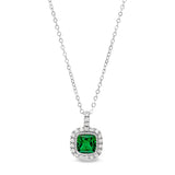 Platinum finish sterling silver micropave simulated emerald pendant with simulated diamonds on 18 cable chain