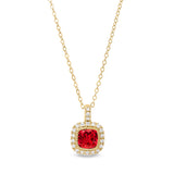 Gold finish sterling silver micropave simulated ruby pendant with simulated diamonds on 18 cable chain