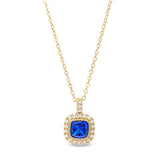 Gold finish sterling silver micropave simulated blue sapphire pendant with simulated diamonds on 18 cable chain