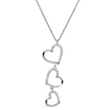 Platinum finish sterling silver micropave three falling hearts pendant with simulated diamonds on 16-18 adjustable chain