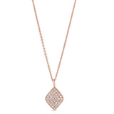 Rose gold finish sterling silver micropave diamond shaped pendant with simulated diamonds on 16-18 adjustable chain