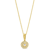 Gold finish sterling silver micropave halo pendant with simulated diamonds on 16-18 adjustable chain