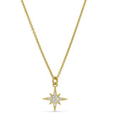 Gold finish sterling silver micropave starburst pendant with simulated diamonds on 16-18 adjustable chain