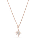 Rose gold finish sterling silver micropave starburst pendant with simulated diamonds on 16-18 adjustable chain