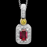 This impressive white and yellow gold classic pendant features an emerald cut ruby accented by .12ctw round white diamonds and a .02ct round cut yellow diamonds.