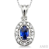 5x3 MM Oval Shape Sapphire and 1/20 ctw Single Cut Diamond Pendant in 10K White Gold with Chain