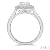 3/4 Ctw Princess & Halo Round Cut Diamond Ladies Engagement Ring With 1/2 Ct Princess Cut Center Stone in 14K White Gold
