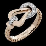 18K two-tone right hand ring from the SG buckle collection, has a diamond collar and latch 0.10 ctw with milgrain edge.