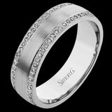 This 14k two-toned gold men's band is a fresh twist on a timeless look, with brushed gray gold in the center and high polish rose gold edges accentuated by .38 cttw round cut white diamonds.