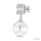 6 MM Cultured Pearls and 1/10 Ctw Baguette and Round Cut Diamond Earrings in 14K White Gold