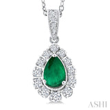 6X4 MM Pear Cut Emerald and 1/4 Ctw Round Cut Diamond Precious Pendant With Chain in 14K White Gold