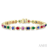 4X3 MM & 4 MM Mixed Shape Gemstone and 1 1/3 Ctw Round Cut Halo Diamond Bracelet in 14K Yellow Gold