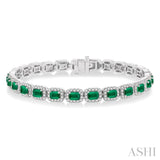 4X3 MM Emerald Cut Emerald and 2 1/5 Ctw Round Cut Diamond Halo Precious Bracelet in 14K White Gold