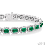 4X3 MM Emerald Cut Emerald and 2 1/5 Ctw Round Cut Diamond Halo Precious Bracelet in 14K White Gold