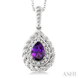 7X5 MM Pear Cut Amethyst and 1/20 Ctw Round Cut Diamond Semi-Precious Pendant With Chain in Sterling Silver