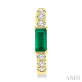 4X2 MM Baguette Cut Emerald and 1/8 Ctw Petite Round Cut Diamond Fashion Huggies in 10K Yellow Gold