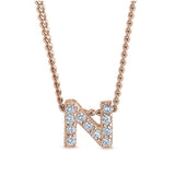 Rose gold finish sterling silver micropave n initial pendant with simulated diamonds on 18 curb chain